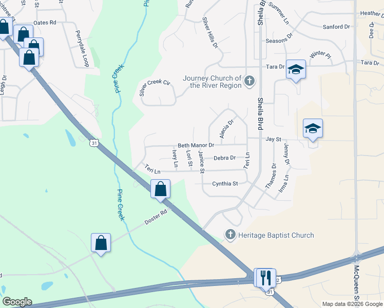 map of restaurants, bars, coffee shops, grocery stores, and more near 130 Beth Manor Drive in Prattville