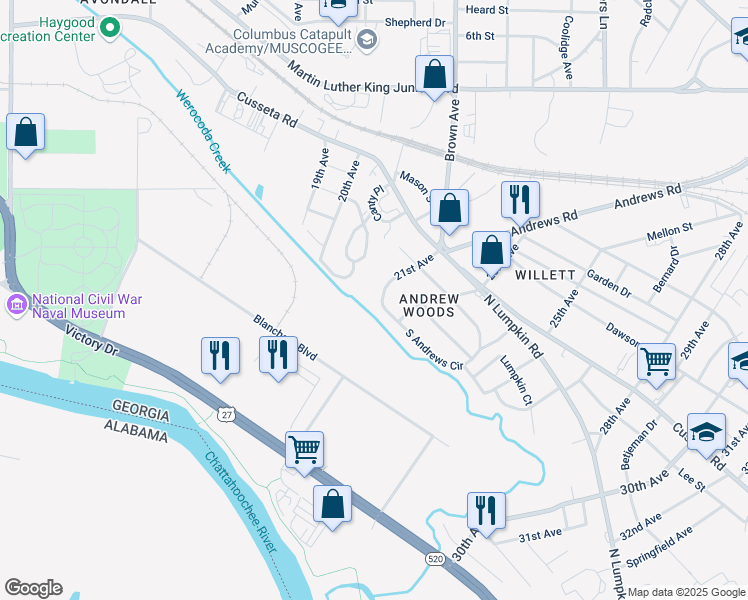 map of restaurants, bars, coffee shops, grocery stores, and more near 2106 South Andrews Circle in Columbus