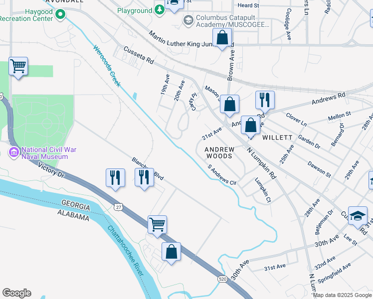 map of restaurants, bars, coffee shops, grocery stores, and more near 205 21st Avenue in Columbus