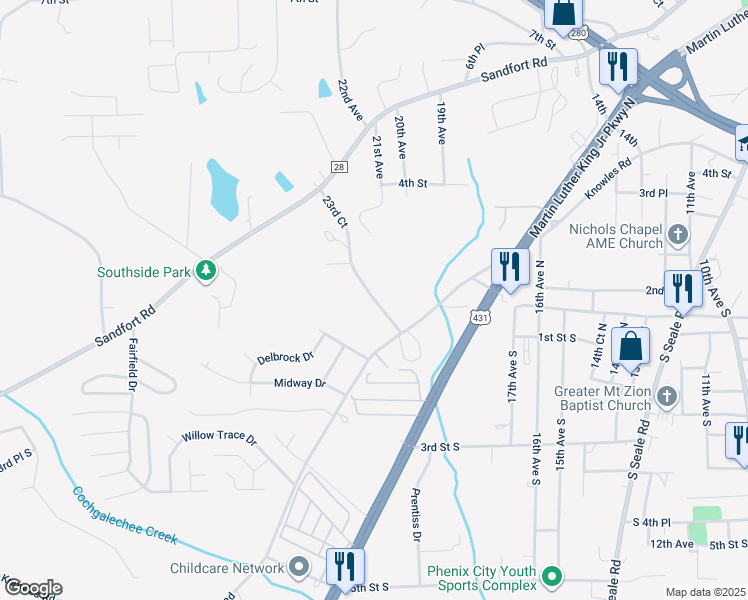 map of restaurants, bars, coffee shops, grocery stores, and more near 110 23rd Court in Phenix City