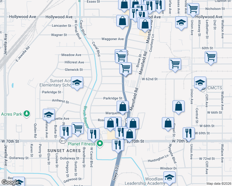 map of restaurants, bars, coffee shops, grocery stores, and more near 2714 Sunnybrook Street in Shreveport