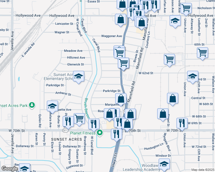 map of restaurants, bars, coffee shops, grocery stores, and more near 2745 Sunnybrook Street in Shreveport