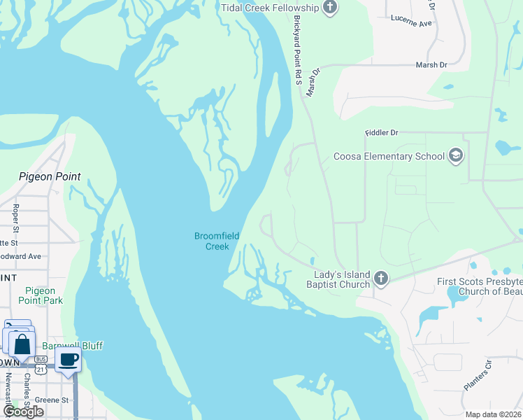map of restaurants, bars, coffee shops, grocery stores, and more near 45 Colony Gardens Road in Beaufort