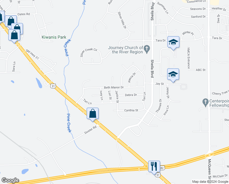 map of restaurants, bars, coffee shops, grocery stores, and more near 106 Janice Street in Prattville