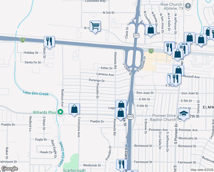 map of restaurants, bars, coffee shops, grocery stores, and more near 5237 Durango Drive in Abilene