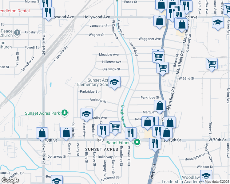 map of restaurants, bars, coffee shops, grocery stores, and more near 6514 West Canal Boulevard in Shreveport