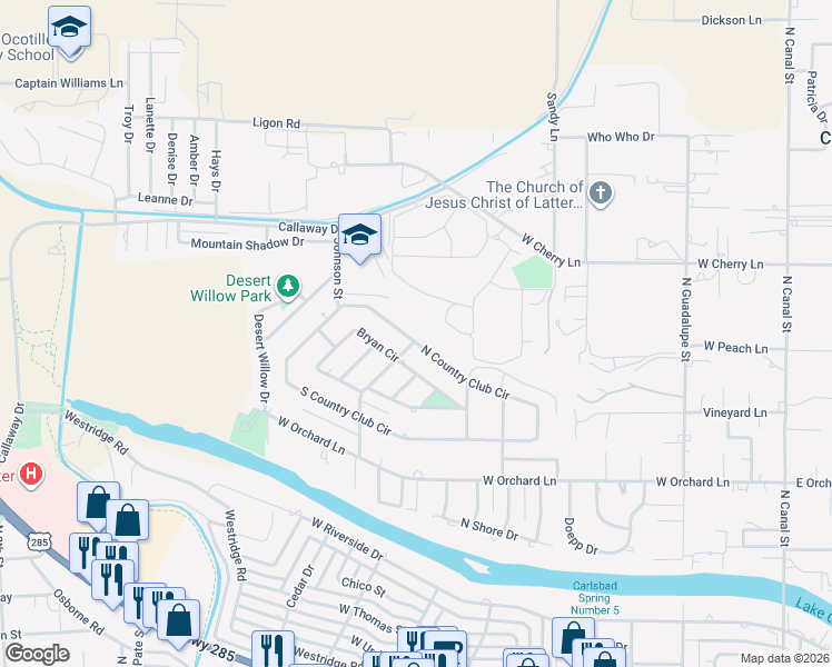 map of restaurants, bars, coffee shops, grocery stores, and more near 1402 North Country Club Circle in Carlsbad