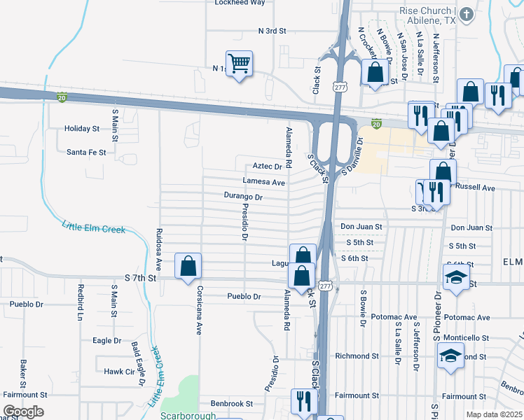 map of restaurants, bars, coffee shops, grocery stores, and more near 5237 Durango Drive in Abilene