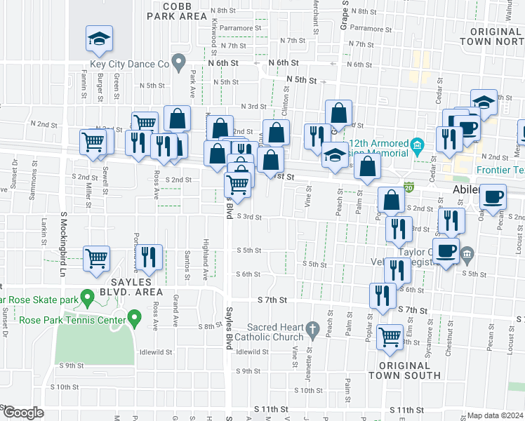 map of restaurants, bars, coffee shops, grocery stores, and more near 1942 South 3rd Street in Abilene