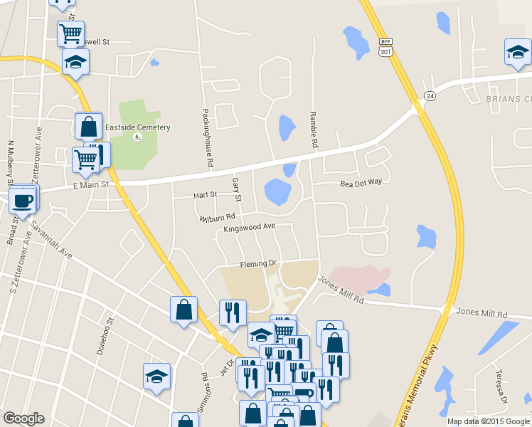 map of restaurants, bars, coffee shops, grocery stores, and more near 403 Wilburn Circle in Statesboro