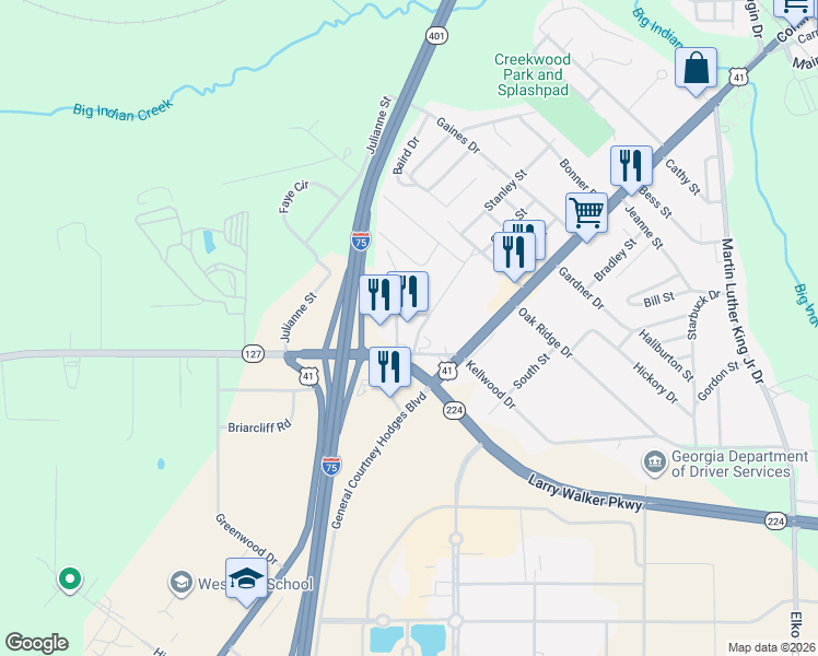 map of restaurants, bars, coffee shops, grocery stores, and more near 102 Lect Dr in Perry