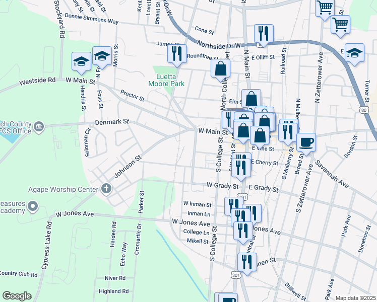 map of restaurants, bars, coffee shops, grocery stores, and more near 201 Johnson Street in Statesboro