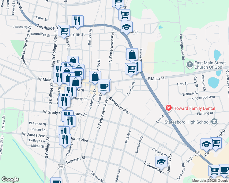 map of restaurants, bars, coffee shops, grocery stores, and more near 5 Crescent Avenue in Statesboro