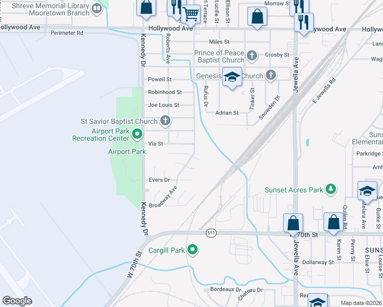 map of restaurants, bars, coffee shops, grocery stores, and more near 4814 Greenwood Road in Shreveport