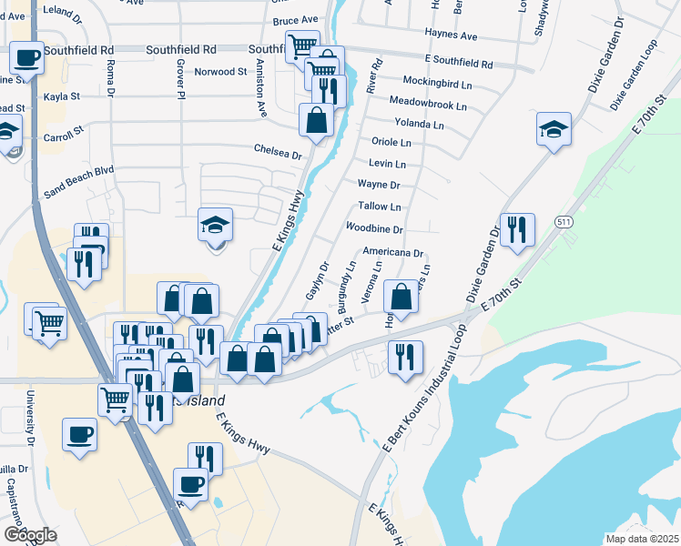 map of restaurants, bars, coffee shops, grocery stores, and more near 6113 Gaylyn Drive in Shreveport