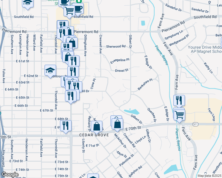 map of restaurants, bars, coffee shops, grocery stores, and more near 504 Pierremont Circle in Shreveport