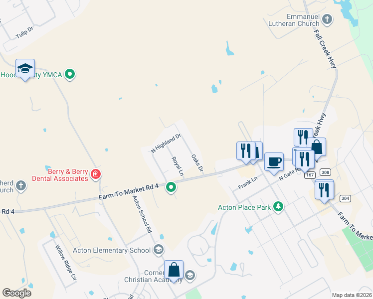 map of restaurants, bars, coffee shops, grocery stores, and more near 2604 Oaks Drive in Granbury