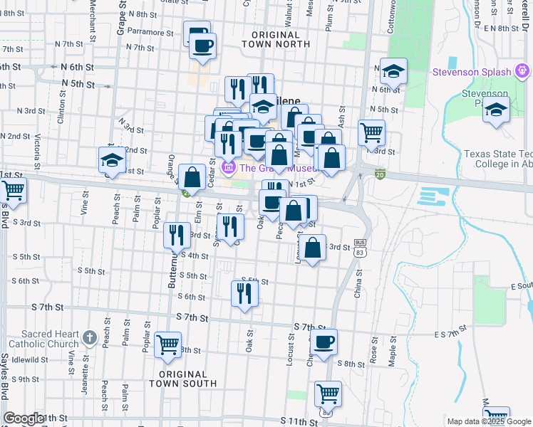 map of restaurants, bars, coffee shops, grocery stores, and more near 137 Oak Street in Abilene