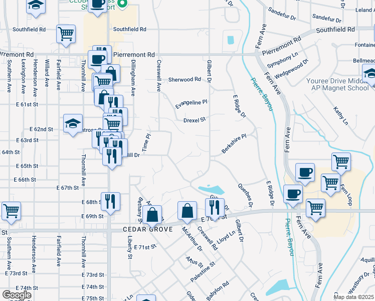 map of restaurants, bars, coffee shops, grocery stores, and more near 504 Pierremont Circle in Shreveport