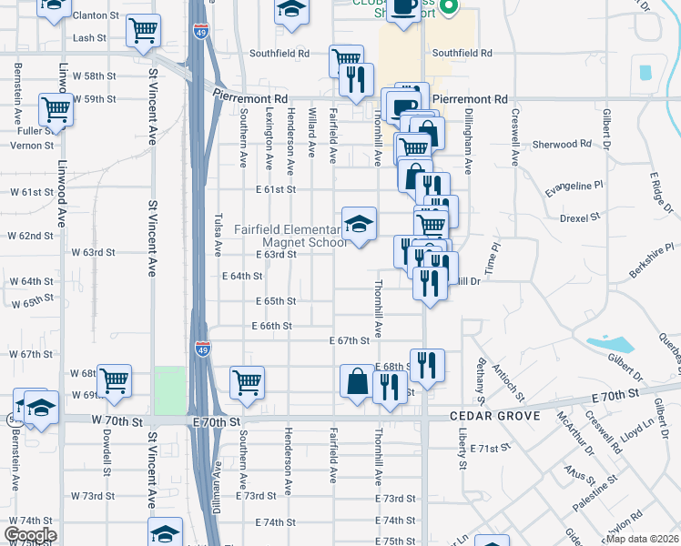 map of restaurants, bars, coffee shops, grocery stores, and more near 6403 Fairfield Avenue in Shreveport