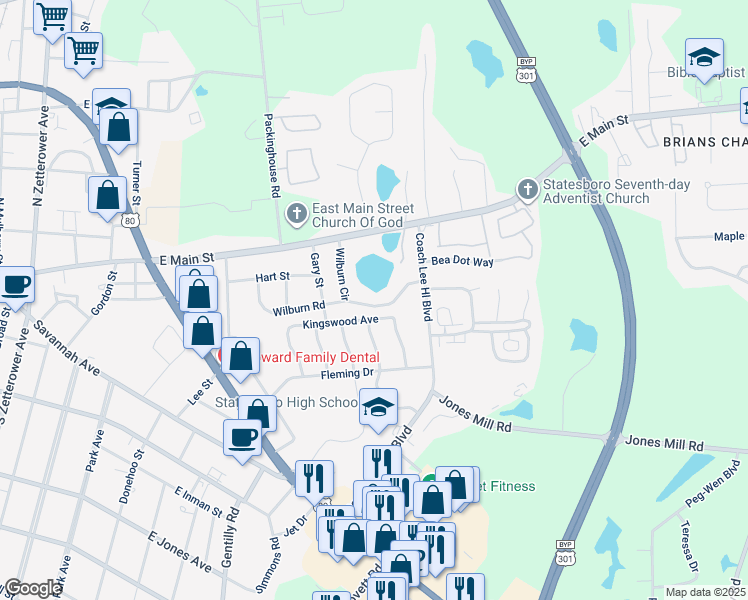 map of restaurants, bars, coffee shops, grocery stores, and more near 402 Wilburn Circle in Statesboro