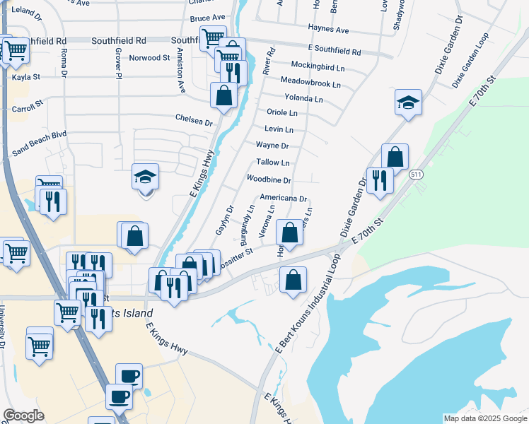 map of restaurants, bars, coffee shops, grocery stores, and more near 6114 Verona Lane in Shreveport
