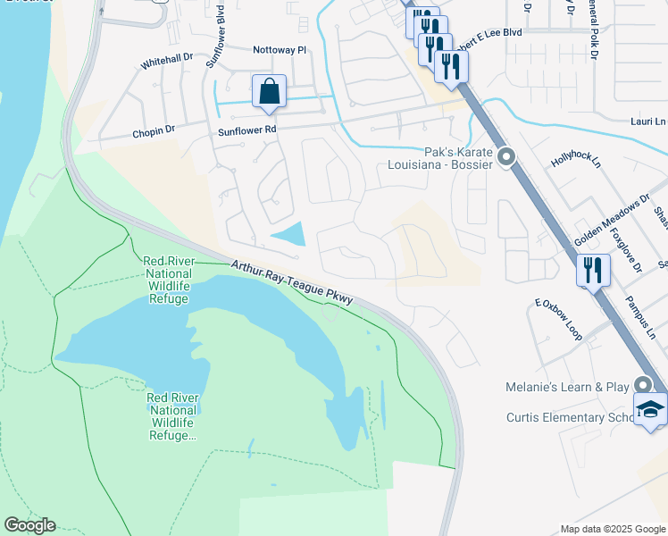 map of restaurants, bars, coffee shops, grocery stores, and more near 157 Cullom Drive in Bossier City