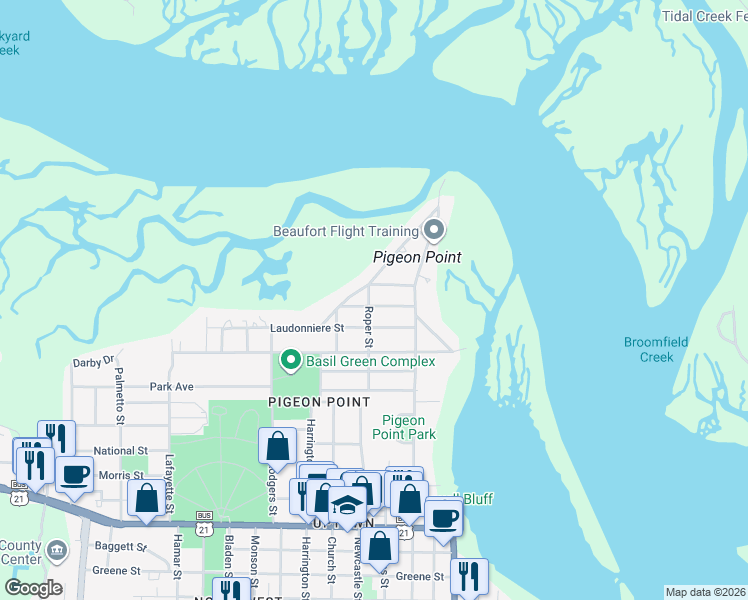 map of restaurants, bars, coffee shops, grocery stores, and more near 920 Charlesfort Street in Beaufort