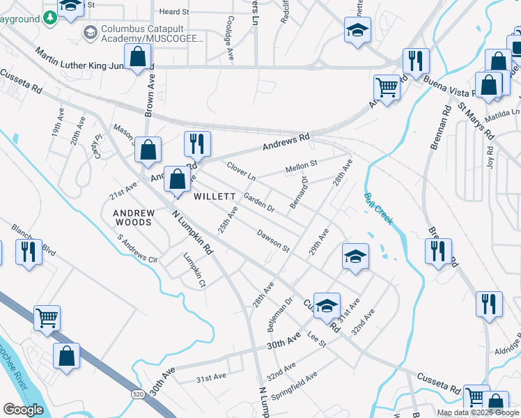 map of restaurants, bars, coffee shops, grocery stores, and more near 2524 Garden Drive in Columbus