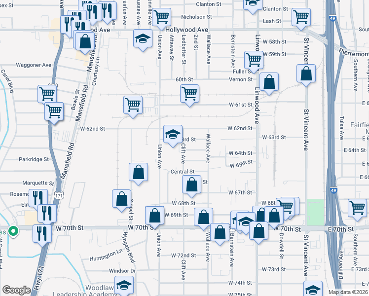 map of restaurants, bars, coffee shops, grocery stores, and more near 650 West 64th Street in Shreveport