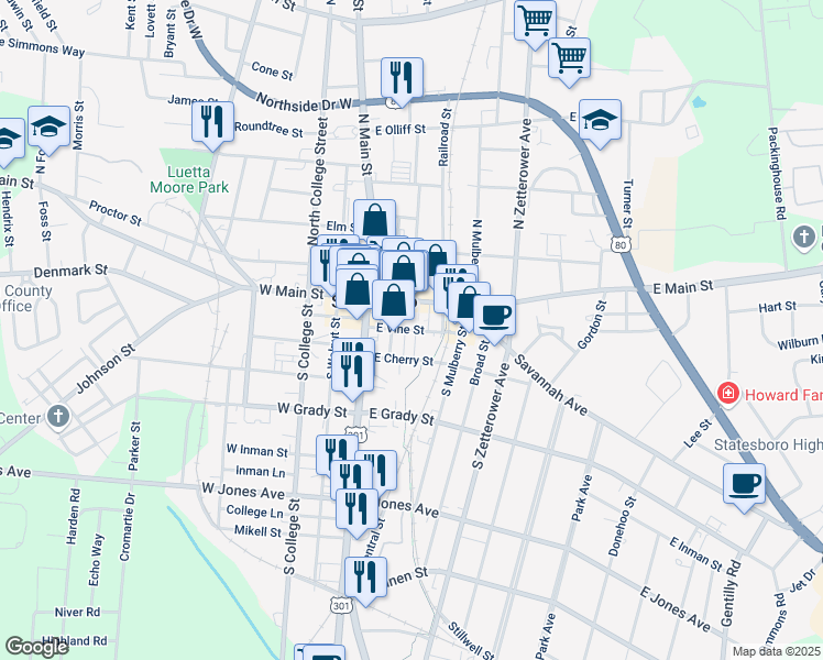 map of restaurants, bars, coffee shops, grocery stores, and more near East Vine Street in Statesboro
