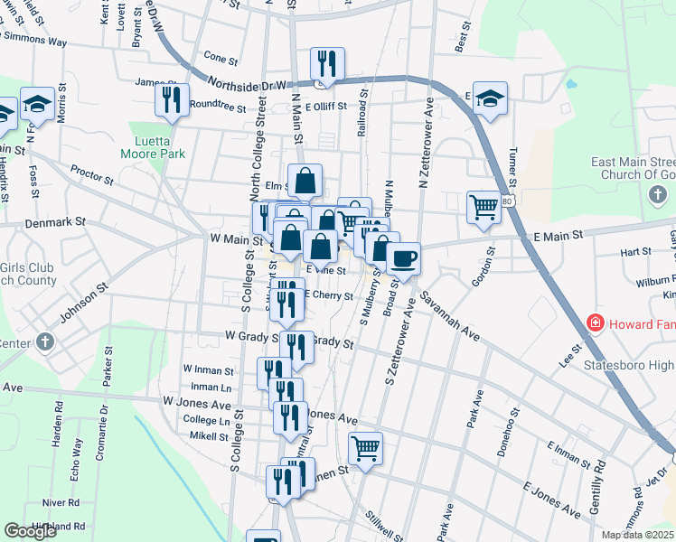 map of restaurants, bars, coffee shops, grocery stores, and more near East Vine Street in Statesboro
