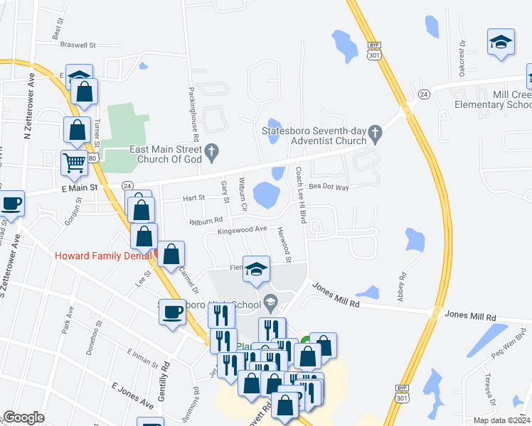 map of restaurants, bars, coffee shops, grocery stores, and more near 404 Wilburn Circle in Statesboro