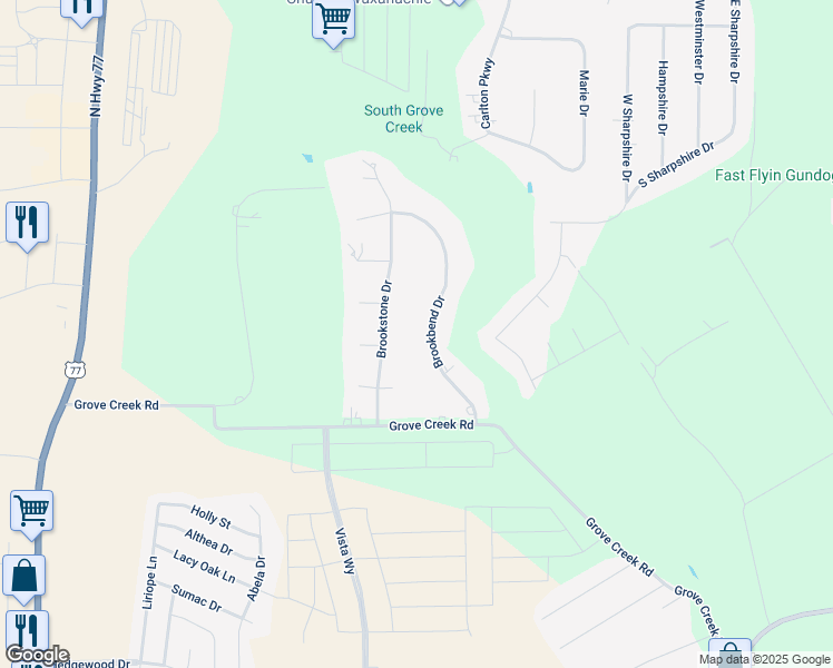 map of restaurants, bars, coffee shops, grocery stores, and more near 136 Brookstone Drive in Waxahachie