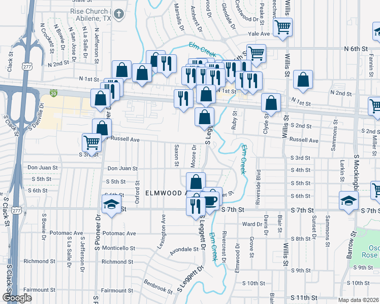 map of restaurants, bars, coffee shops, grocery stores, and more near 318 Moore Drive in Abilene