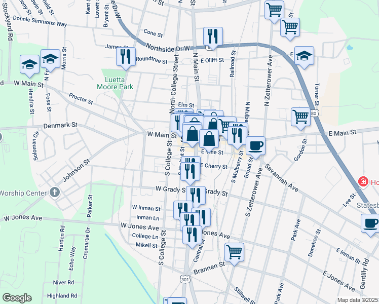 map of restaurants, bars, coffee shops, grocery stores, and more near 27 South Main Street in Statesboro