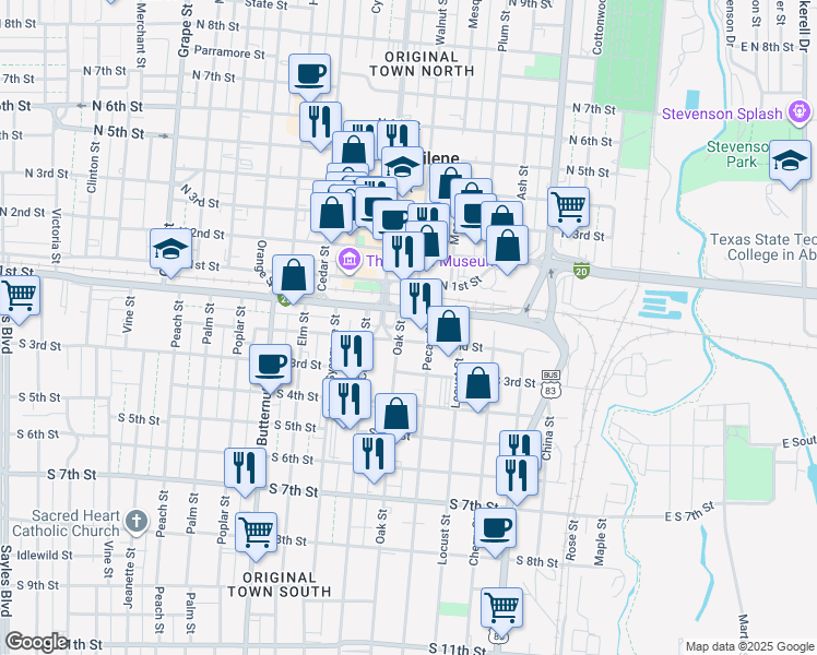 map of restaurants, bars, coffee shops, grocery stores, and more near 137 Oak Street in Abilene