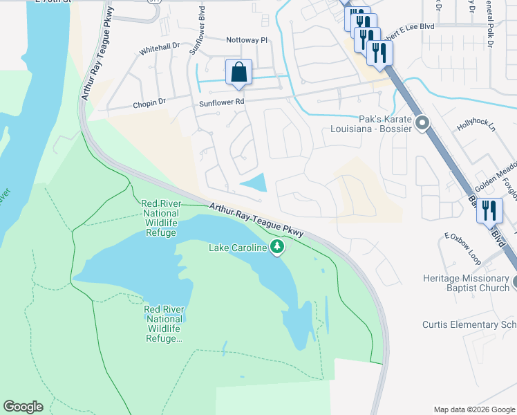 map of restaurants, bars, coffee shops, grocery stores, and more near 233 Welham Trace in Bossier City