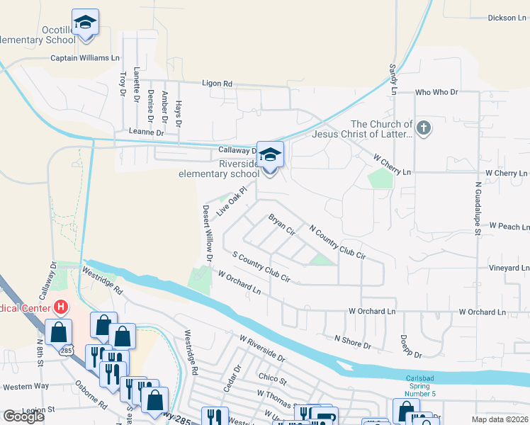 map of restaurants, bars, coffee shops, grocery stores, and more near 1515 Bryan Circle in Carlsbad