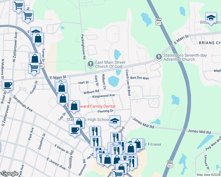 map of restaurants, bars, coffee shops, grocery stores, and more near 402 Wilburn Circle in Statesboro