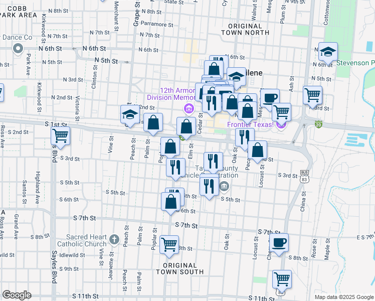 map of restaurants, bars, coffee shops, grocery stores, and more near 142 Elm Street in Abilene