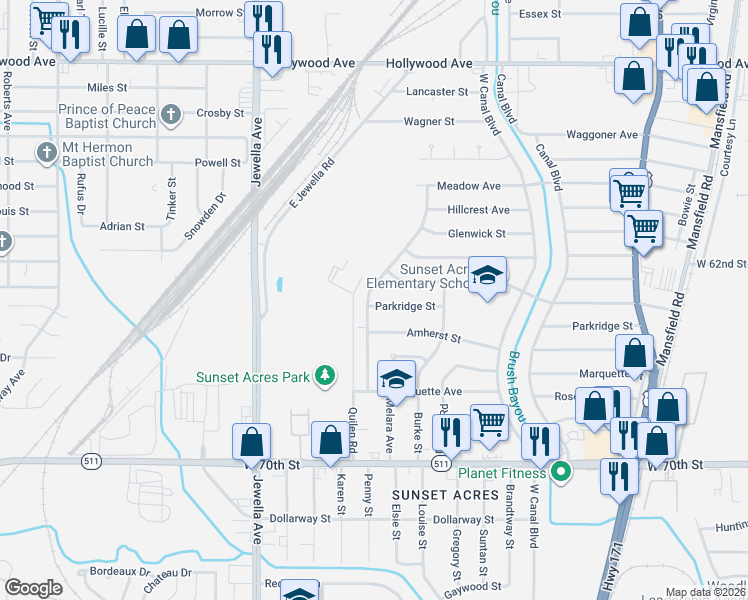 map of restaurants, bars, coffee shops, grocery stores, and more near 3050 Parkridge Street in Shreveport