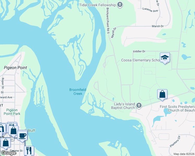 map of restaurants, bars, coffee shops, grocery stores, and more near 45 Colony Gardens Road in Beaufort