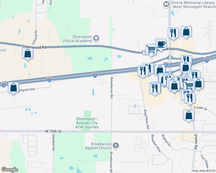 map of restaurants, bars, coffee shops, grocery stores, and more near 6756 Broadacres Road in Shreveport