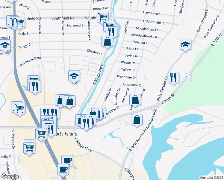 map of restaurants, bars, coffee shops, grocery stores, and more near 6113 Gaylyn Drive in Shreveport