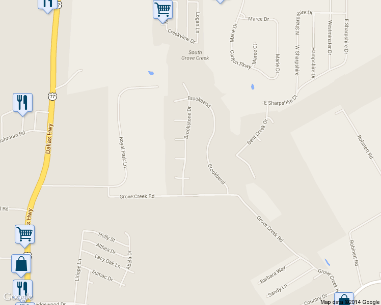 map of restaurants, bars, coffee shops, grocery stores, and more near 136 Brookstone Drive in Waxahachie