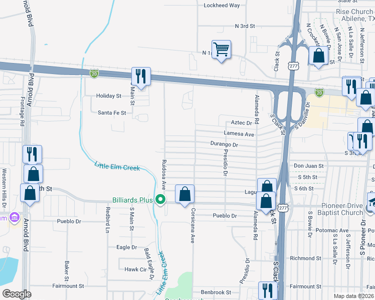 map of restaurants, bars, coffee shops, grocery stores, and more near 5418 Encino Road in Abilene