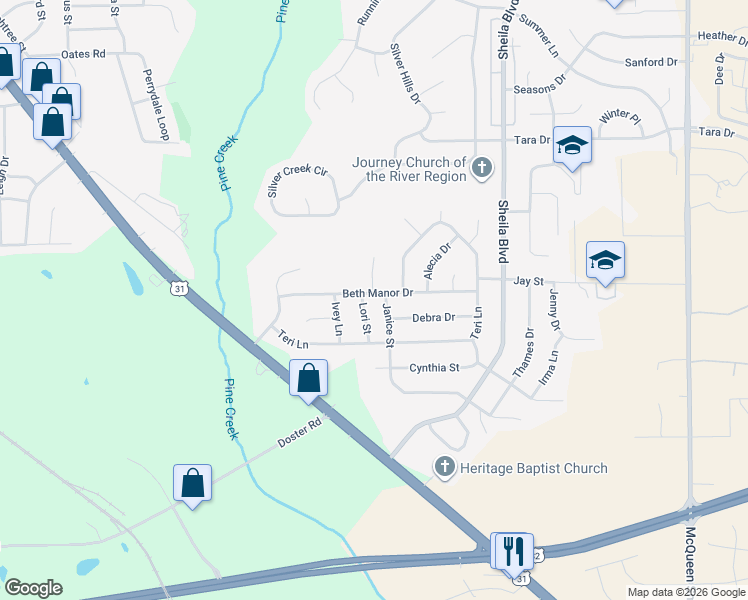 map of restaurants, bars, coffee shops, grocery stores, and more near 130 Beth Manor Drive in Prattville