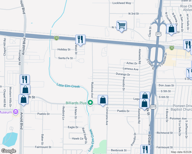 map of restaurants, bars, coffee shops, grocery stores, and more near 5482 Encino Road in Abilene