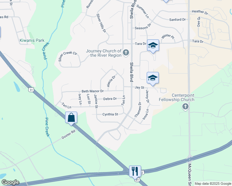 map of restaurants, bars, coffee shops, grocery stores, and more near 154 Beth Manor Drive in Prattville